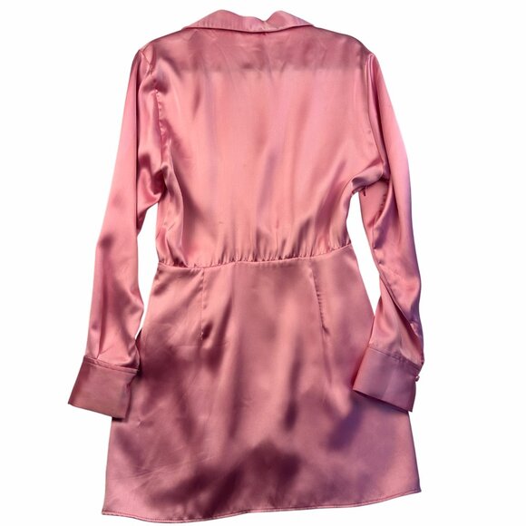 Zara Pink Satin Wrap Mini Dress Sz S Long Sleeves Collared V-Neckline Feminine - Picture 6 of 14